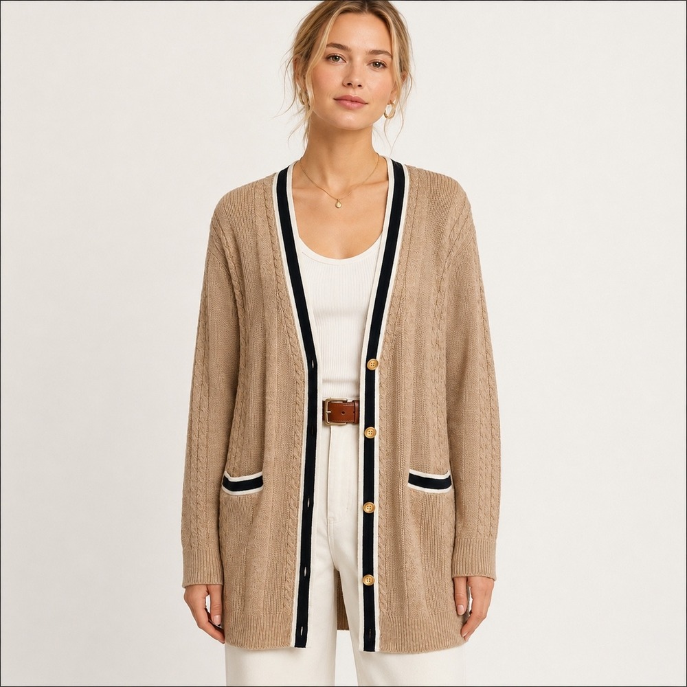 Talbots Cable Knit Longline Cardigan Sweater Womens Size M Tan‎ Classic Preppy